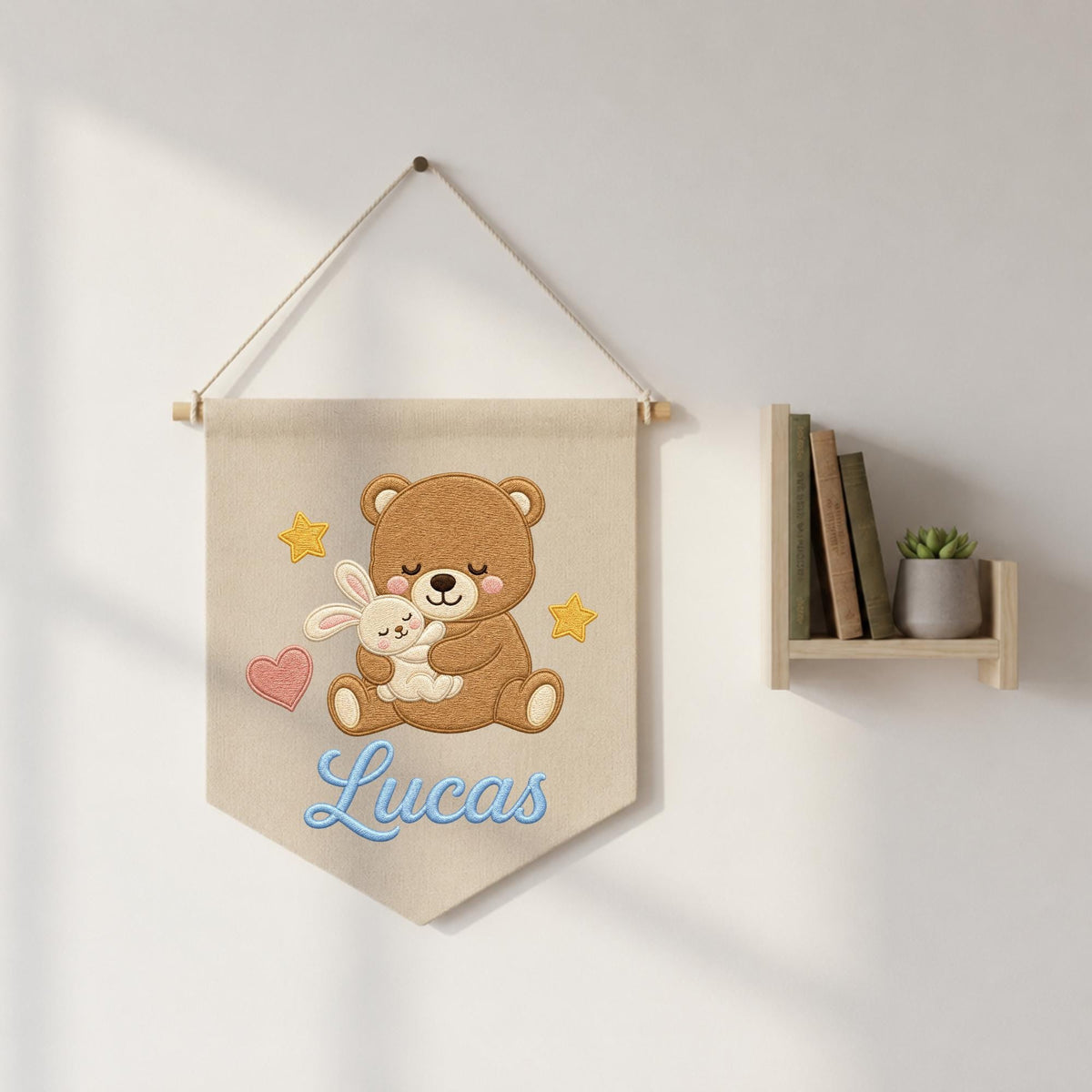 Personalized Embroidered Teddy Bear Wall Hanging Banner, Custom Baby Name Sign, Bunny Nursery Decor, Baby Shower Gift
