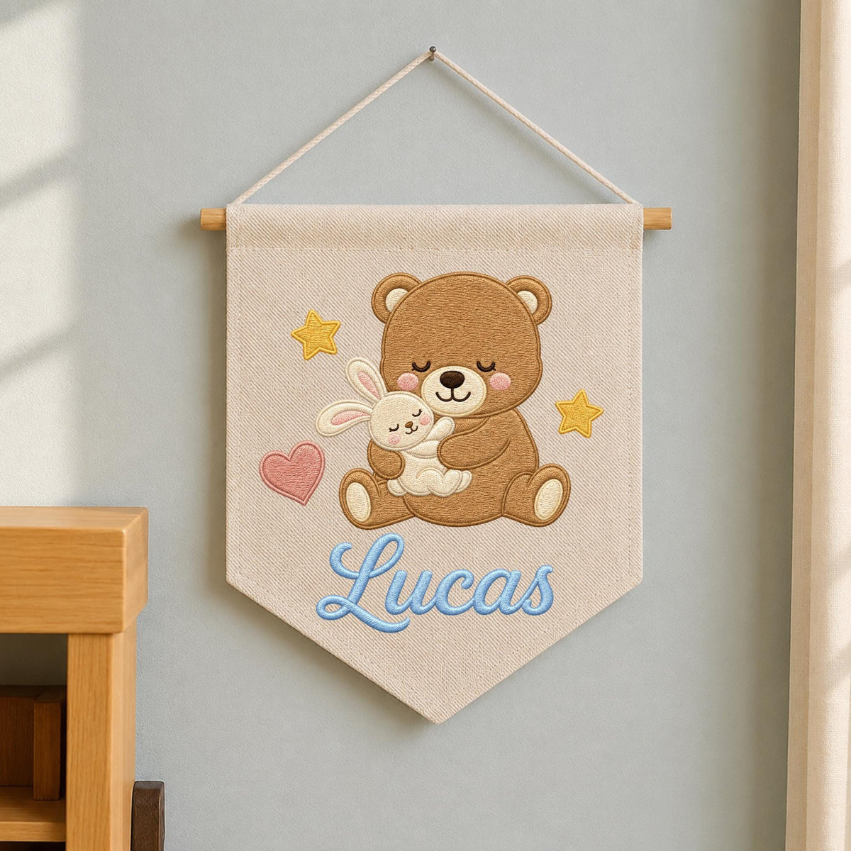 Personalized Embroidered Teddy Bear Wall Hanging Banner, Custom Baby Name Sign, Bunny Nursery Decor, Baby Shower Gift