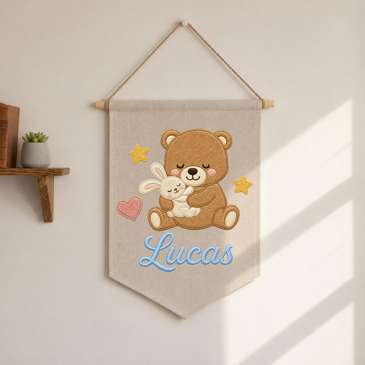 Personalized Embroidered Teddy Bear Wall Hanging Banner, Custom Baby Name Sign, Bunny Nursery Decor, Baby Shower Gift