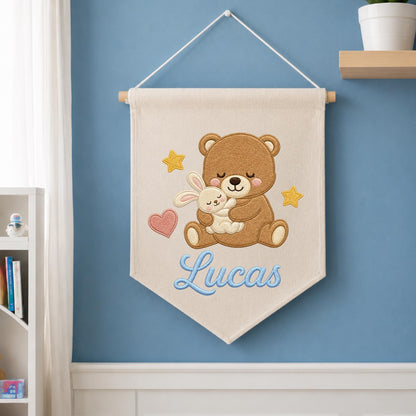 Personalized Embroidered Teddy Bear Wall Hanging Banner, Custom Baby Name Sign, Bunny Nursery Decor, Baby Shower Gift