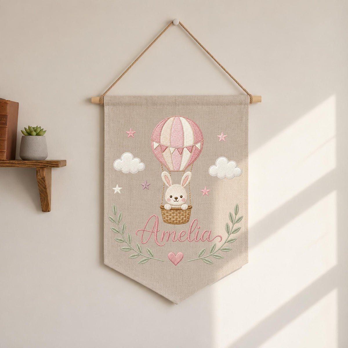 Personalized Embroidered Hot Air Balloon Wall Hanging Banner, Custom Baby Name Sign, Bunny Nursery Decor, Baby Girl Gift
