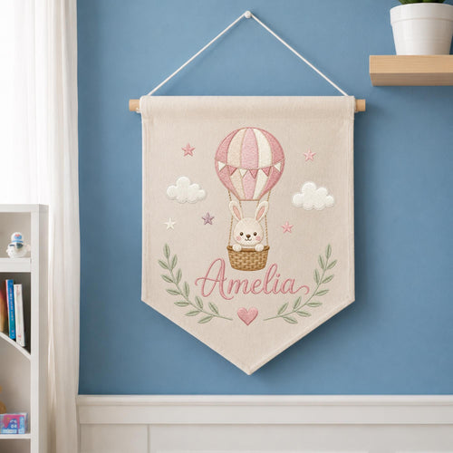 Personalized Embroidered Hot Air Balloon Wall Hanging Banner, Custom Baby Name Sign, Bunny Nursery Decor, Baby Girl Gift