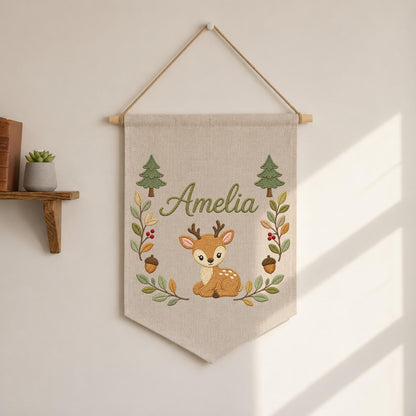 Personalized Embroidered Deer Wall Hanging Banner, Custom Baby Name Sign, Woodland Nursery Decor, Forest Baby Gift, Kids Room Decor