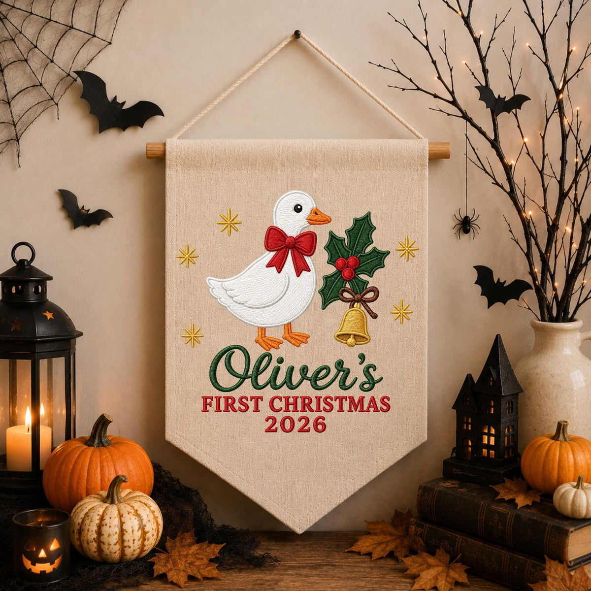Personalized Christmas Wall Hanging Banner, Embroidered Goose First Christmas Decor, Custom Baby Name Holiday Nursery Gift 2026