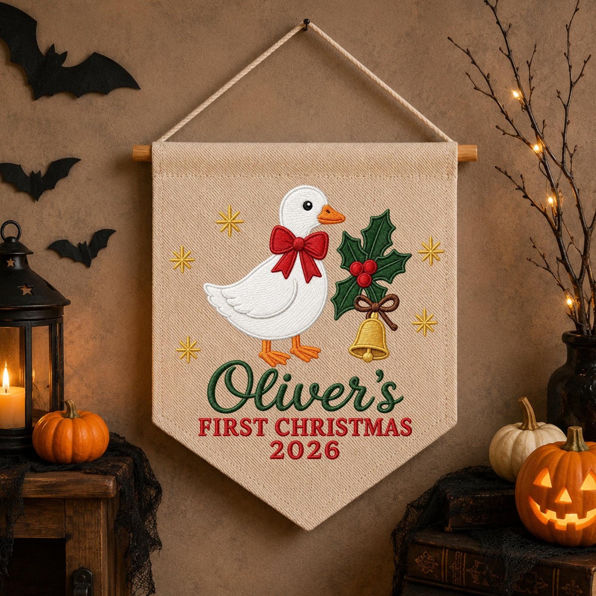 Personalized Christmas Wall Hanging Banner, Embroidered Goose First Christmas Decor, Custom Baby Name Holiday Nursery Gift 2026