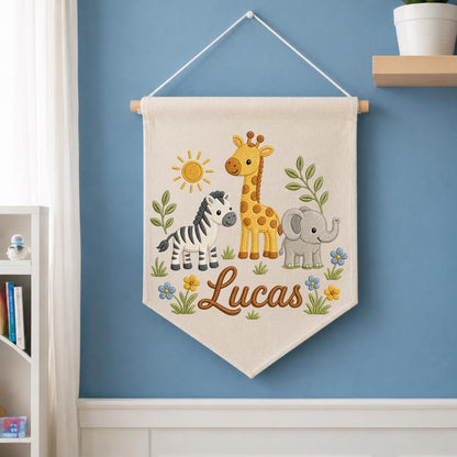Personalized Safari Nursery Wall Hanging Banner, Custom Baby Name Embroidered Banner, Giraffe Zebra Elephant Nursery Decor