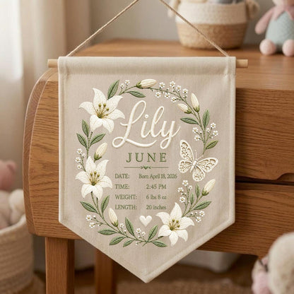 May include: A beige fabric wall banner featuring a floral wreath of white lilies and green leaves surrounding the name Lily, the month June, and birth details: April 18, 2026, 2:45 PM, 6 lbs 8 oz, and 20 inches, with a white butterfly and heart.