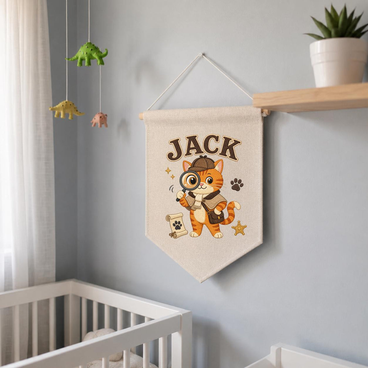 Personalized Detective Cat Linen Banner, Custom Name Embroidered Wall Hanging