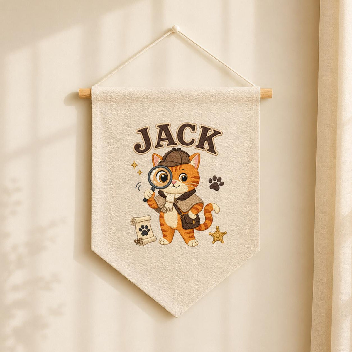 Personalized Detective Cat Linen Banner, Custom Name Embroidered Wall Hanging