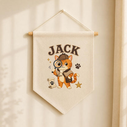 Personalized Detective Cat Linen Banner, Custom Name Embroidered Wall Hanging