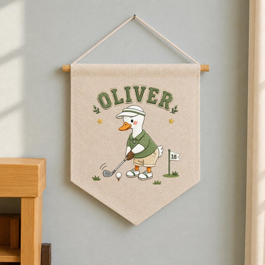 Custom Name Golfing Duck Embroidered Linen Pennant Banner, Boys Room Decor, Sports Wall Hanging