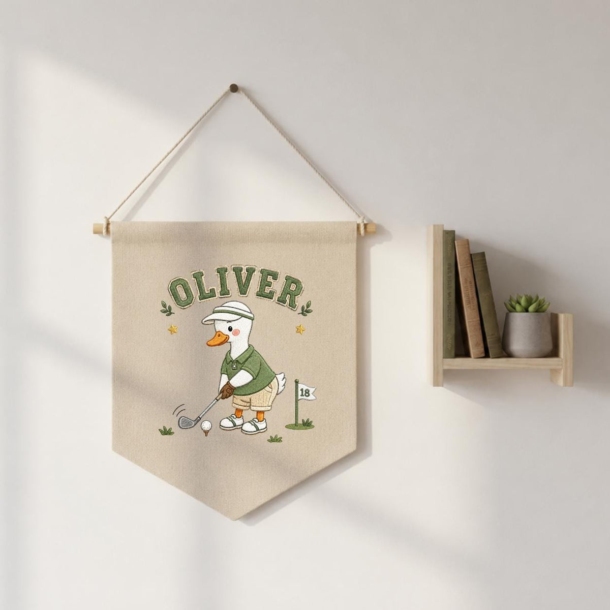 Custom Name Golfing Duck Embroidered Linen Pennant Banner, Boys Room Decor, Sports Wall Hanging