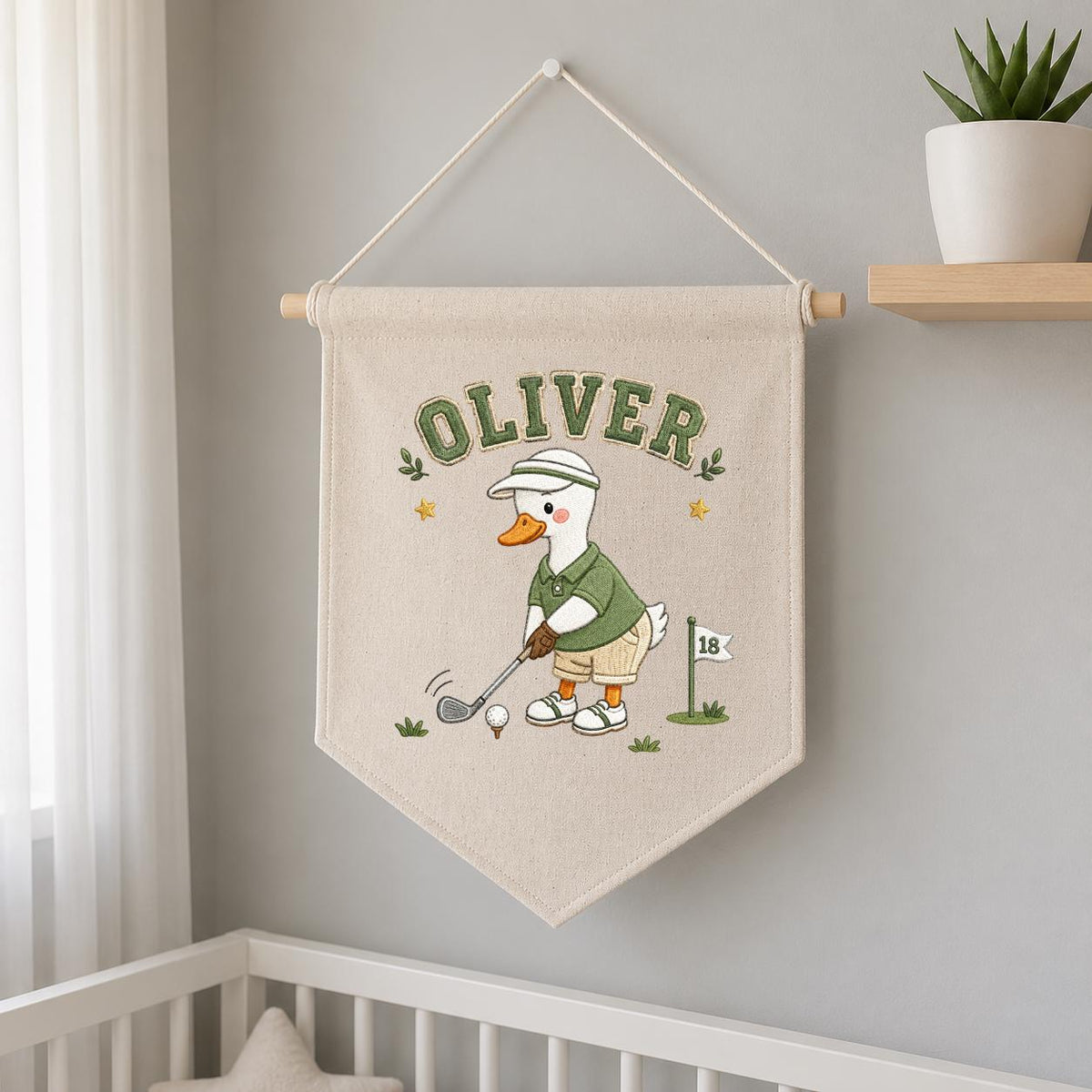Custom Name Golfing Duck Embroidered Linen Pennant Banner, Boys Room Decor, Sports Wall Hanging