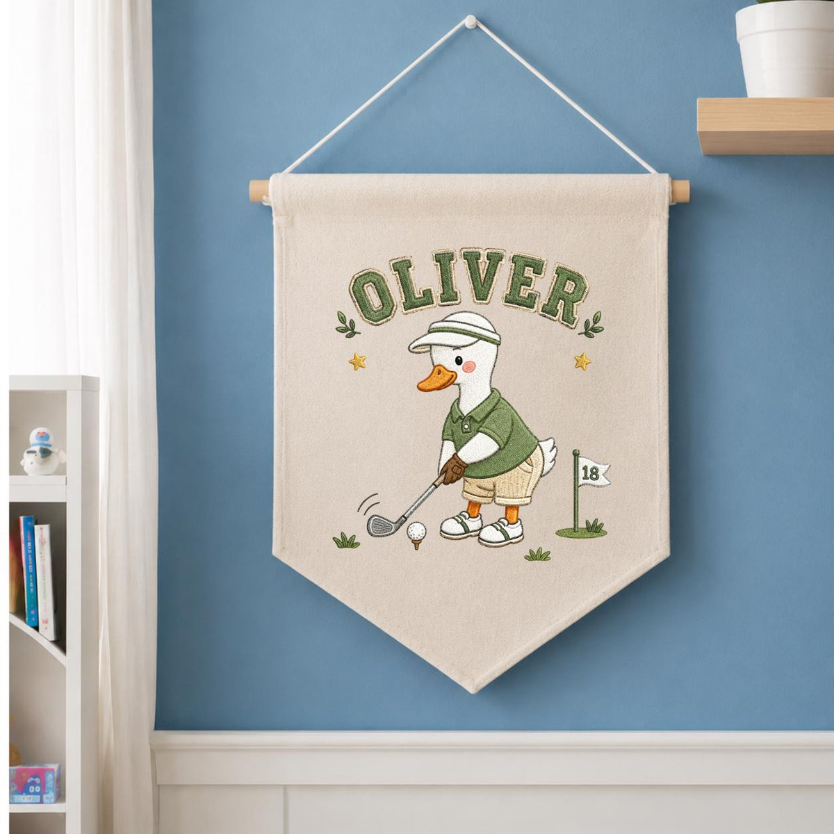 Custom Name Golfing Duck Embroidered Linen Pennant Banner, Boys Room Decor, Sports Wall Hanging