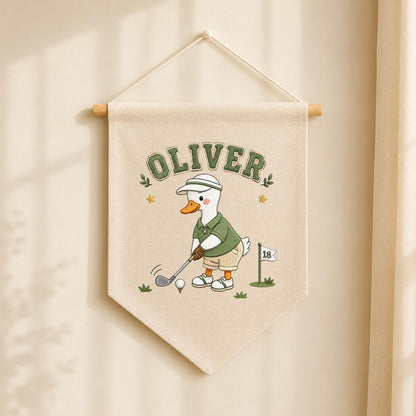 Custom Name Golfing Duck Embroidered Linen Pennant Banner, Boys Room Decor, Sports Wall Hanging