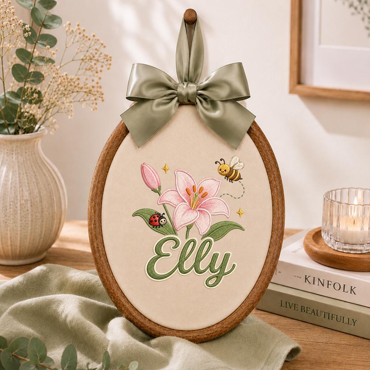 Personalized Embroidered Hoop Art, Floral Lily Bee Ladybug Name Sign