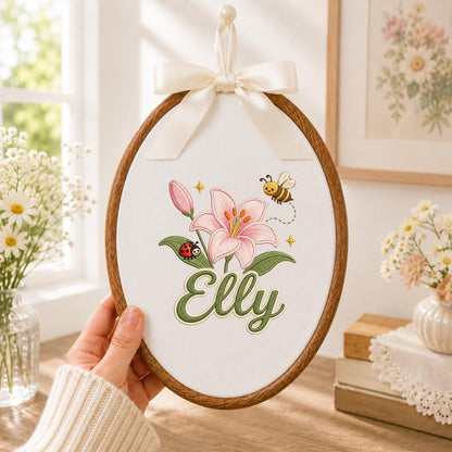 Personalized Embroidered Hoop Art, Floral Lily Bee Ladybug Name Sign