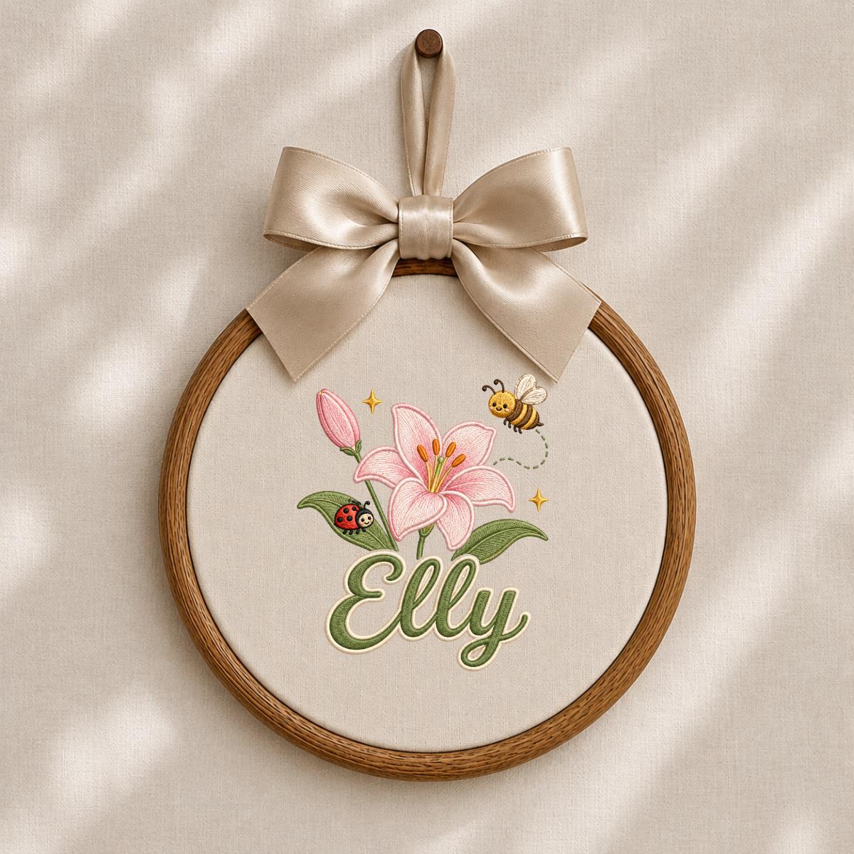 Personalized Embroidered Hoop Art, Floral Lily Bee Ladybug Name Sign
