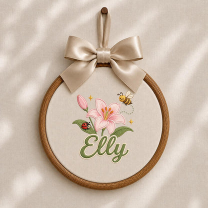 Personalized Embroidered Hoop Art, Floral Lily Bee Ladybug Name Sign
