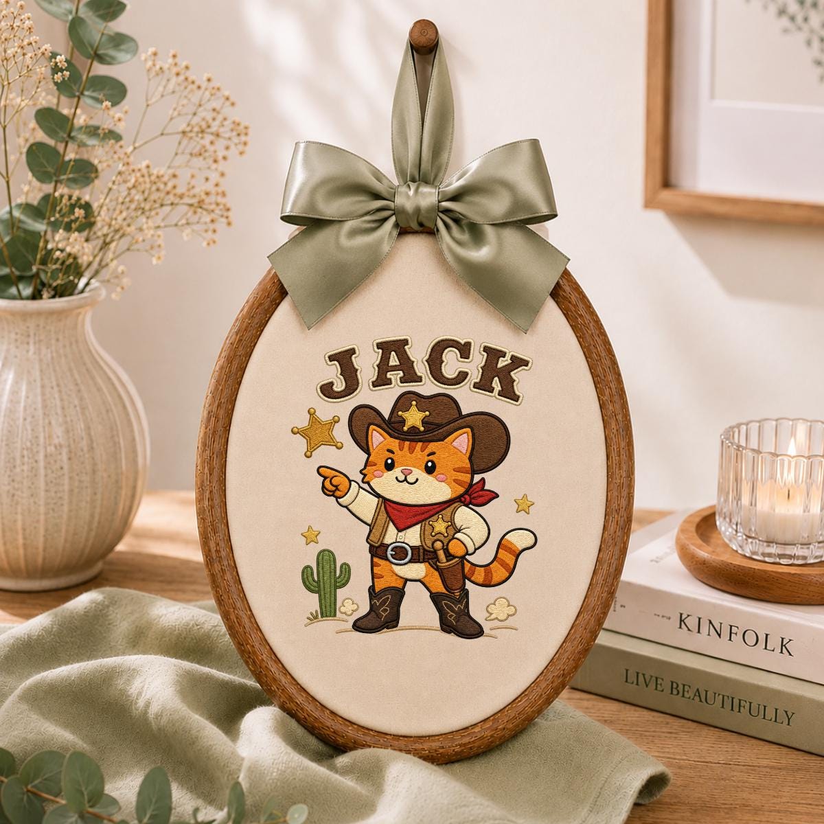 Custom Embroidered Cowboy Cat Hoop Art, Western Nursery Wall Hanging