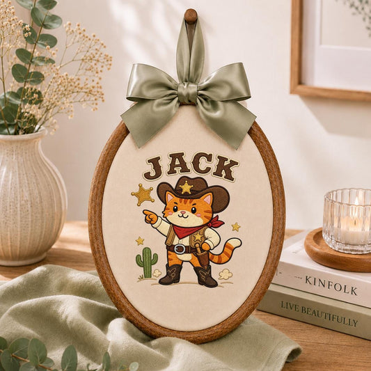 Custom Embroidered Cowboy Cat Hoop Art, Western Nursery Wall Hanging