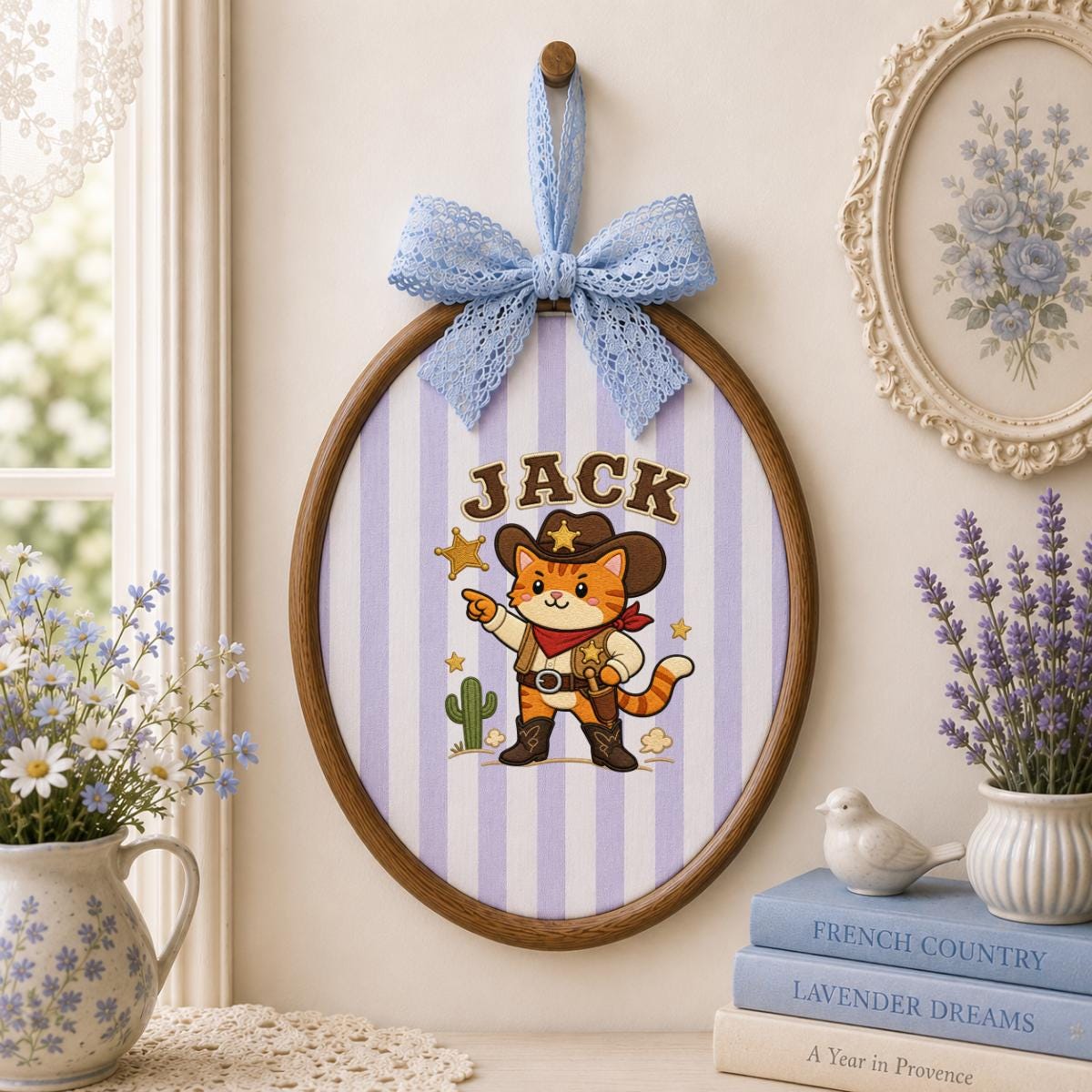 Custom Embroidered Cowboy Cat Hoop Art, Western Nursery Wall Hanging
