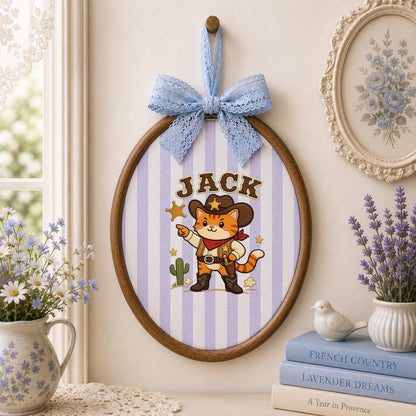 Custom Embroidered Cowboy Cat Hoop Art, Western Nursery Wall Hanging