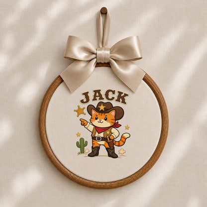 Custom Embroidered Cowboy Cat Hoop Art, Western Nursery Wall Hanging