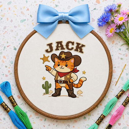 Custom Embroidered Cowboy Cat Hoop Art, Western Nursery Wall Hanging