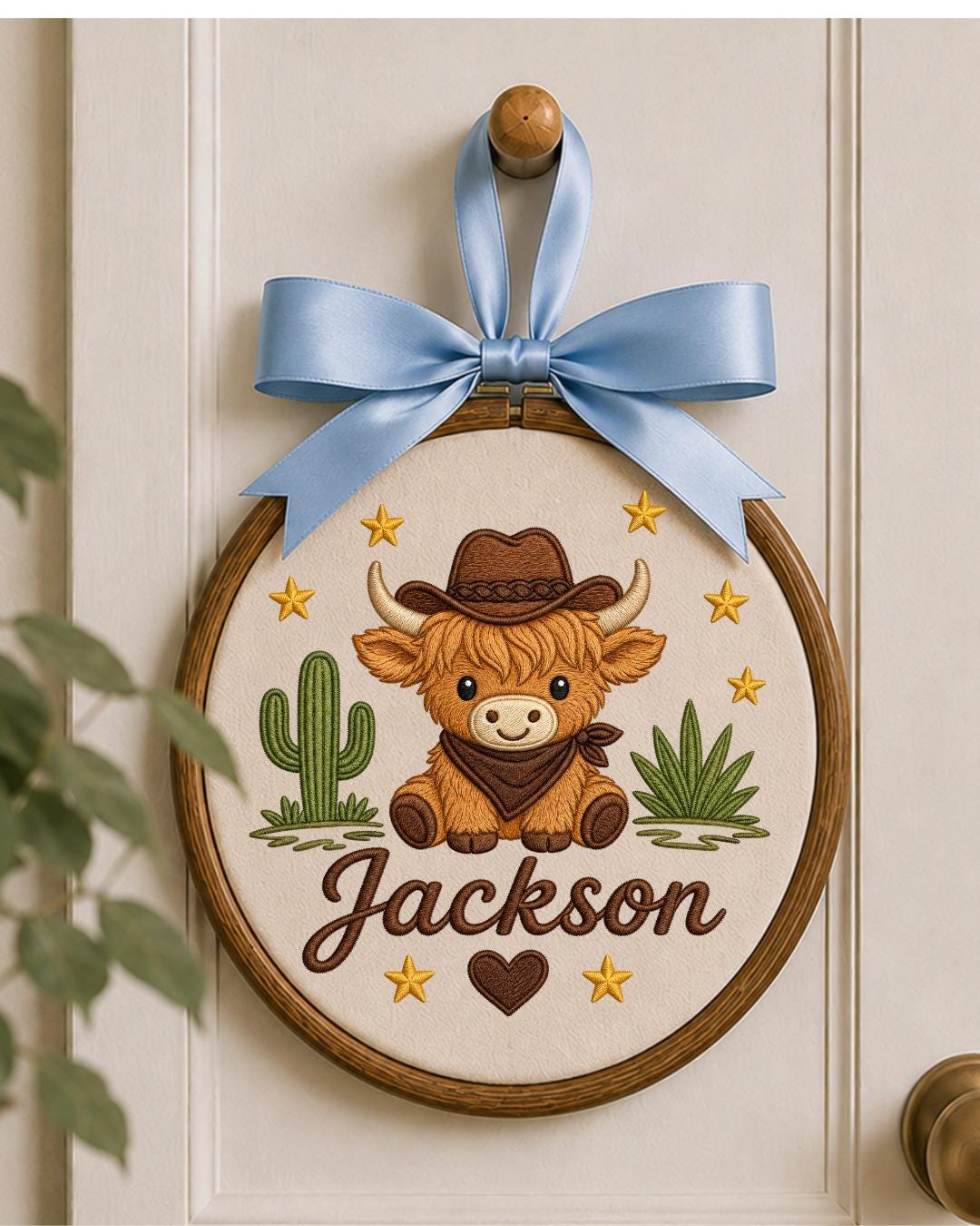 Personalized Embroidered Highland Cow Ornament, Custom Baby Name Hoop, Western Nursery Decor, Cowboy Baby Gift, Newborn Keepsake