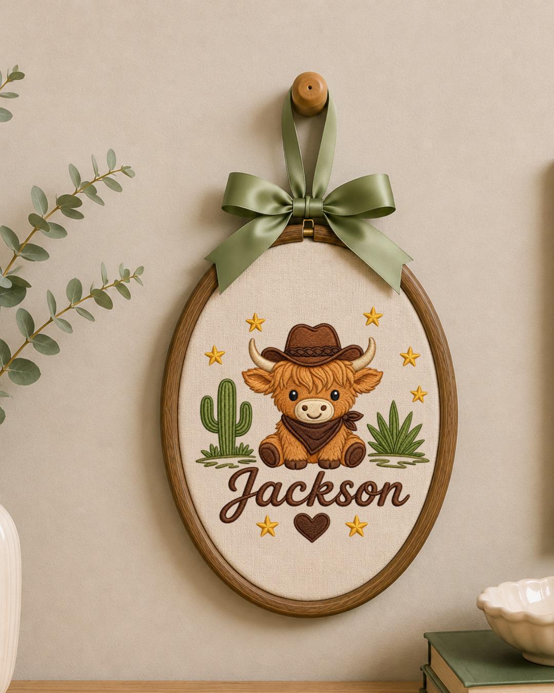 Personalized Embroidered Highland Cow Ornament, Custom Baby Name Hoop, Western Nursery Decor, Cowboy Baby Gift, Newborn Keepsake