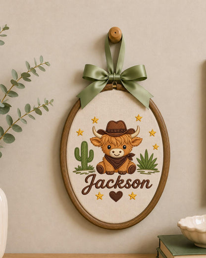 Personalized Embroidered Highland Cow Ornament, Custom Baby Name Hoop, Western Nursery Decor, Cowboy Baby Gift, Newborn Keepsake