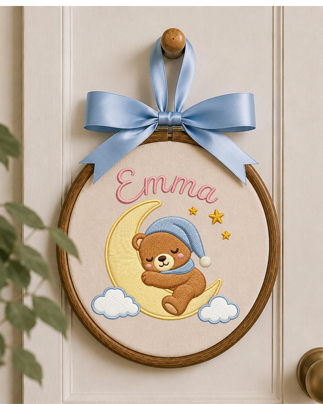Personalized Embroidered Teddy Bear Ornament, Custom Baby Name Hoop, Sleeping Bear Moon Nursery Decor, Newborn Keepsake Gift