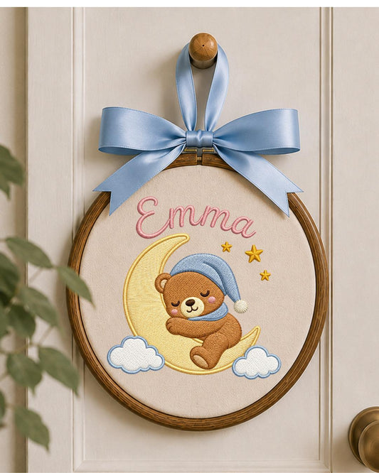 Personalized Embroidered Teddy Bear Ornament, Custom Baby Name Hoop, Sleeping Bear Moon Nursery Decor, Newborn Keepsake Gift