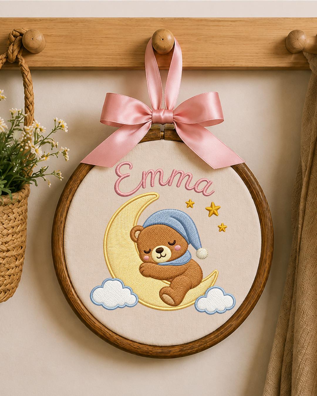 Personalized Embroidered Teddy Bear Ornament, Custom Baby Name Hoop, Sleeping Bear Moon Nursery Decor, Newborn Keepsake Gift