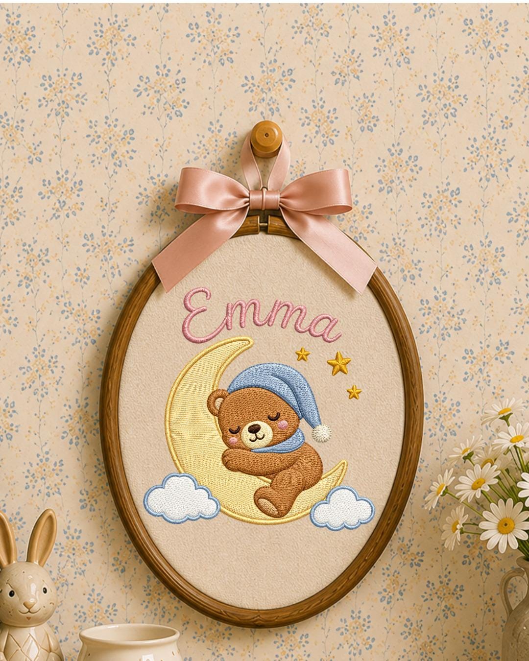 Personalized Embroidered Teddy Bear Ornament, Custom Baby Name Hoop, Sleeping Bear Moon Nursery Decor, Newborn Keepsake Gift
