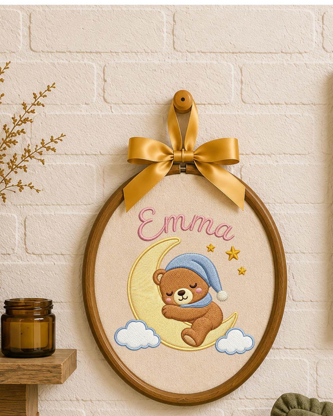 Personalized Embroidered Teddy Bear Ornament, Custom Baby Name Hoop, Sleeping Bear Moon Nursery Decor, Newborn Keepsake Gift