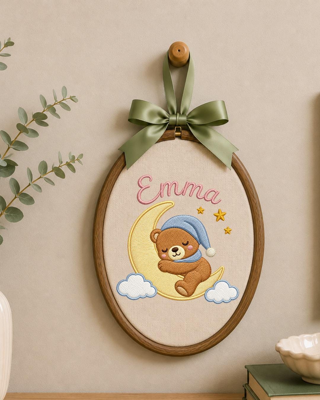 Personalized Embroidered Teddy Bear Ornament, Custom Baby Name Hoop, Sleeping Bear Moon Nursery Decor, Newborn Keepsake Gift