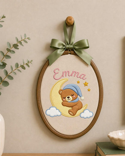 Personalized Embroidered Teddy Bear Ornament, Custom Baby Name Hoop, Sleeping Bear Moon Nursery Decor, Newborn Keepsake Gift