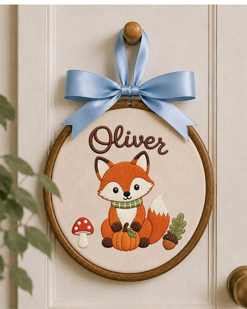 Personalized Embroidered Fox Ornament, Custom Baby Name Hoop, Woodland Nursery Decor, Fall Baby Gift, Newborn Keepsake
