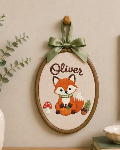 Personalized Embroidered Fox Ornament, Custom Baby Name Hoop, Woodland Nursery Decor, Fall Baby Gift, Newborn Keepsake