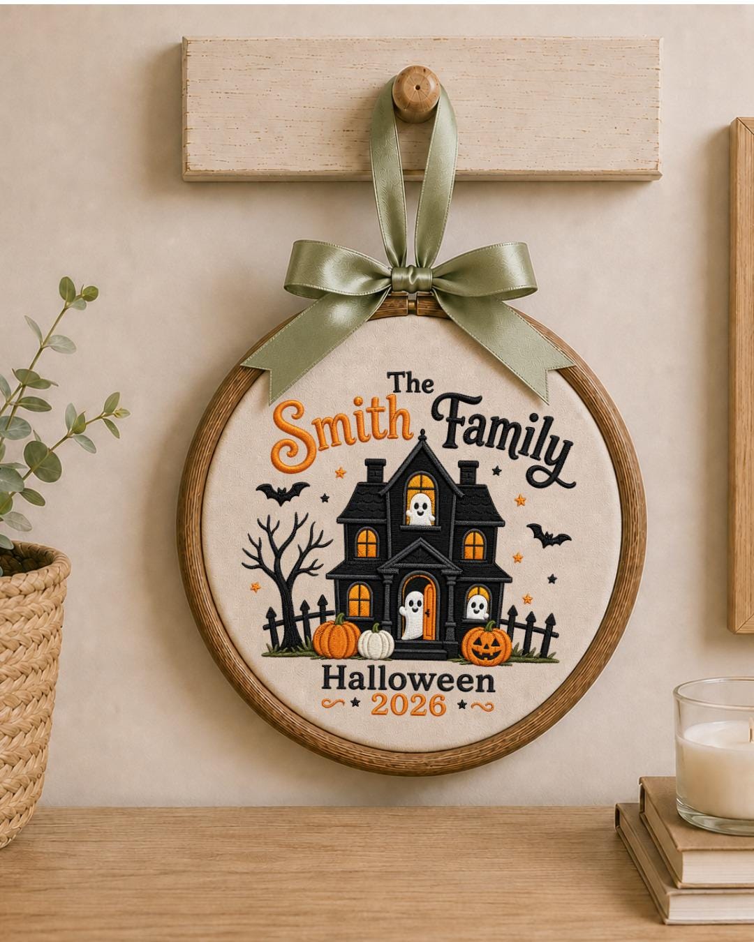 Personalized Embroidered Halloween Family Ornament, Custom Family Name Hoop, Haunted House Ghost Decor, Halloween 2026 Keepsake