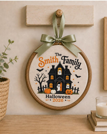 Personalized Embroidered Halloween Family Ornament, Custom Family Name Hoop, Haunted House Ghost Decor, Halloween 2026 Keepsake