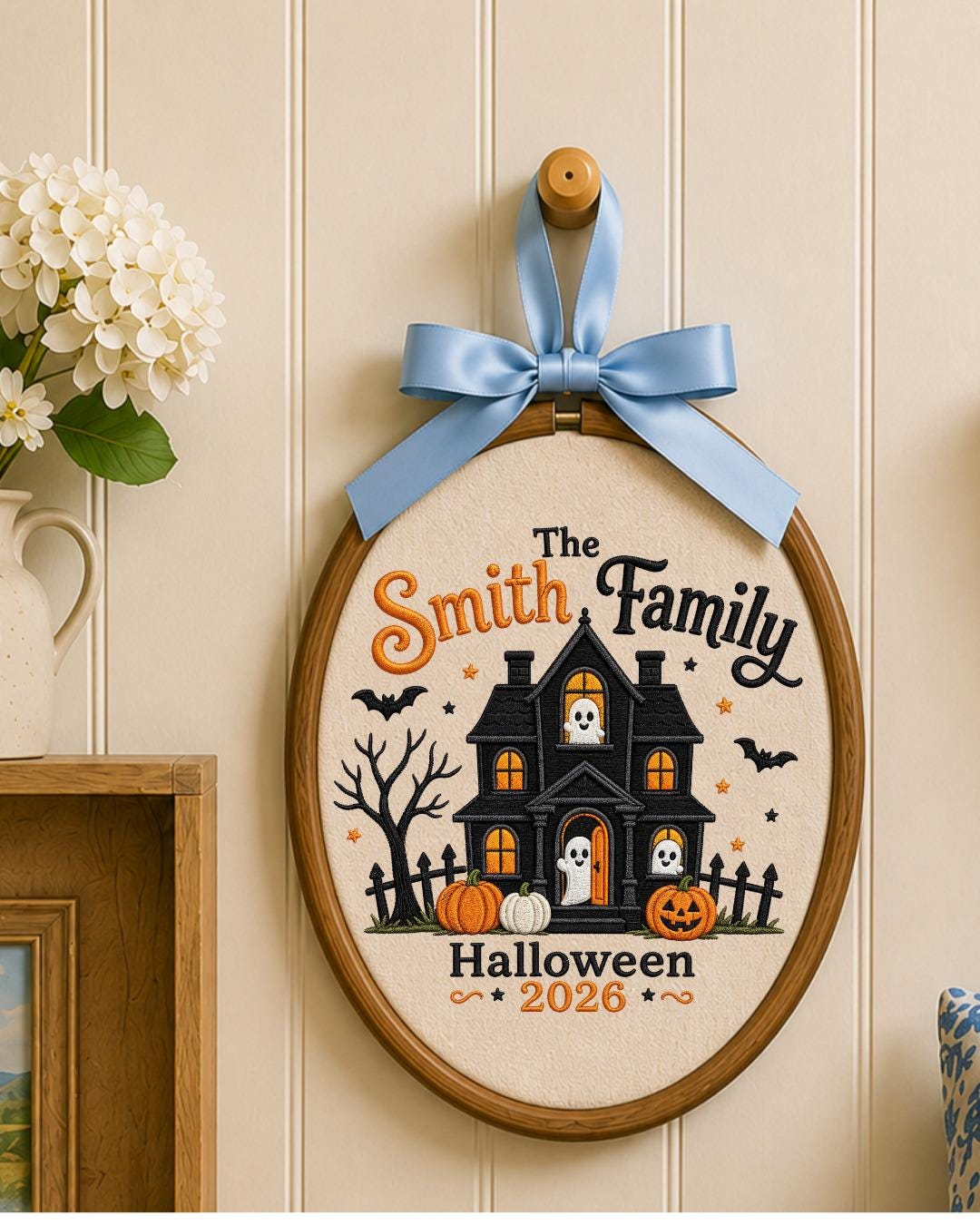 Personalized Embroidered Halloween Family Ornament, Custom Family Name Hoop, Haunted House Ghost Decor, Halloween 2026 Keepsake
