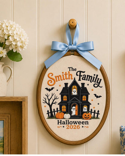 Personalized Embroidered Halloween Family Ornament, Custom Family Name Hoop, Haunted House Ghost Decor, Halloween 2026 Keepsake