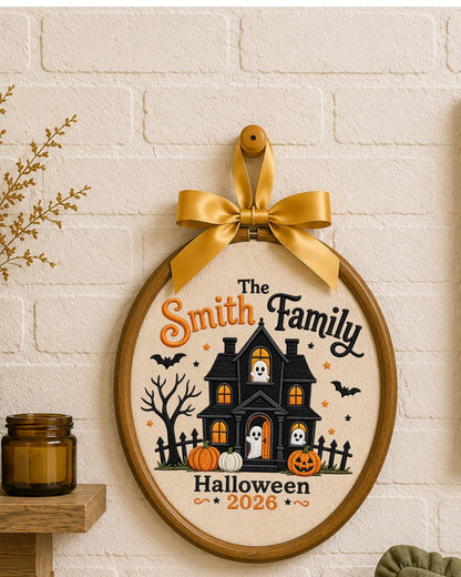 Personalized Embroidered Halloween Family Ornament, Custom Family Name Hoop, Haunted House Ghost Decor, Halloween 2026 Keepsake