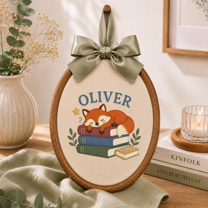 Personalized Sleeping Fox Embroidery Hoop Art, Custom Name Woodland Nursery Decor