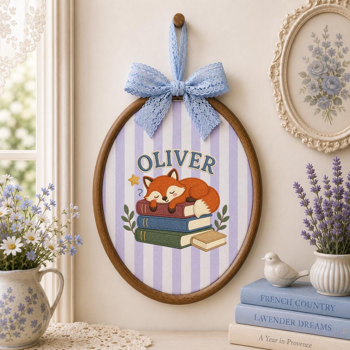 Personalized Sleeping Fox Embroidery Hoop Art, Custom Name Woodland Nursery Decor