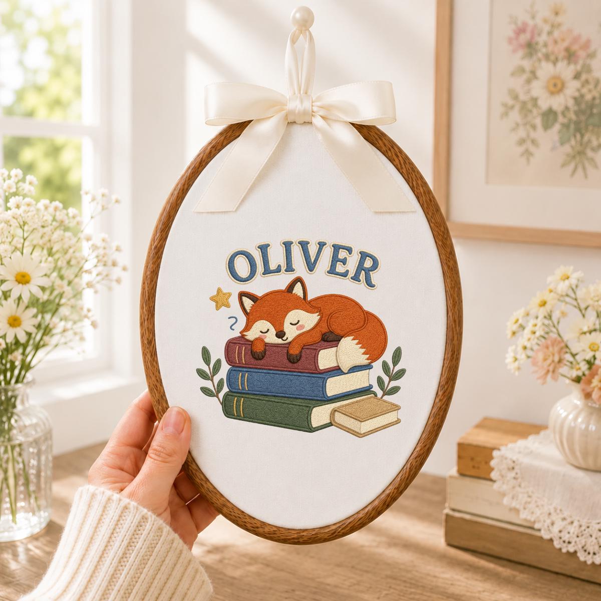 Personalized Sleeping Fox Embroidery Hoop Art, Custom Name Woodland Nursery Decor