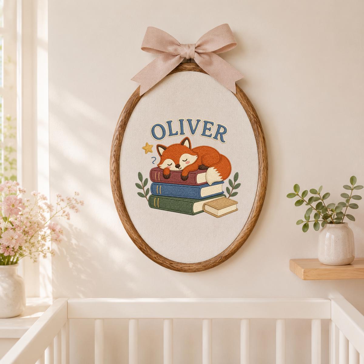 Personalized Sleeping Fox Embroidery Hoop Art, Custom Name Woodland Nursery Decor